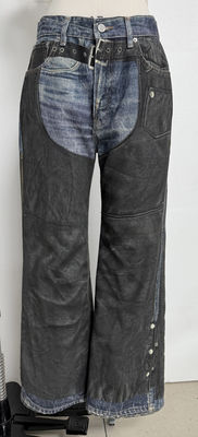 Jeans de corte recto de ilusión de dos piezas falsas con parches de impresión digital inspirados en vintage