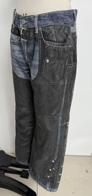Jeans de corte recto de ilusión de dos piezas falsas con parches de impresión digital inspirados en vintage